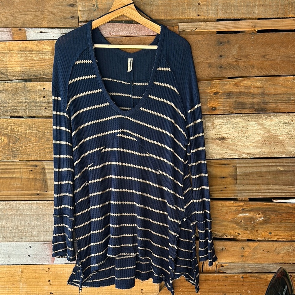 Free People Navy and Cream Striped Long Sleeve Tee